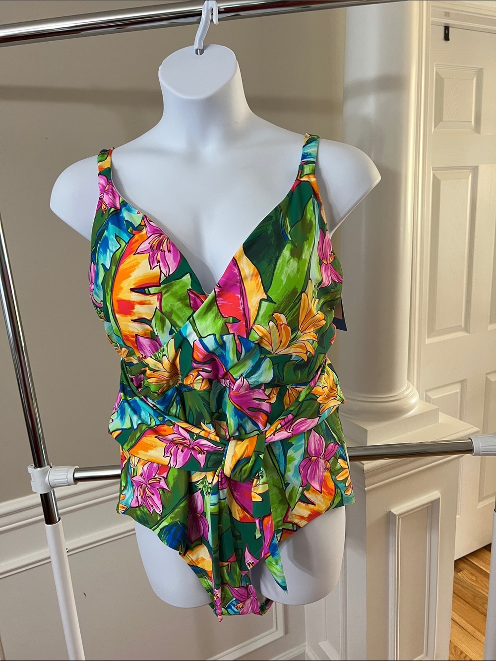 Tropical Green Floral One-Piece Swimsuit with Wrap Detail